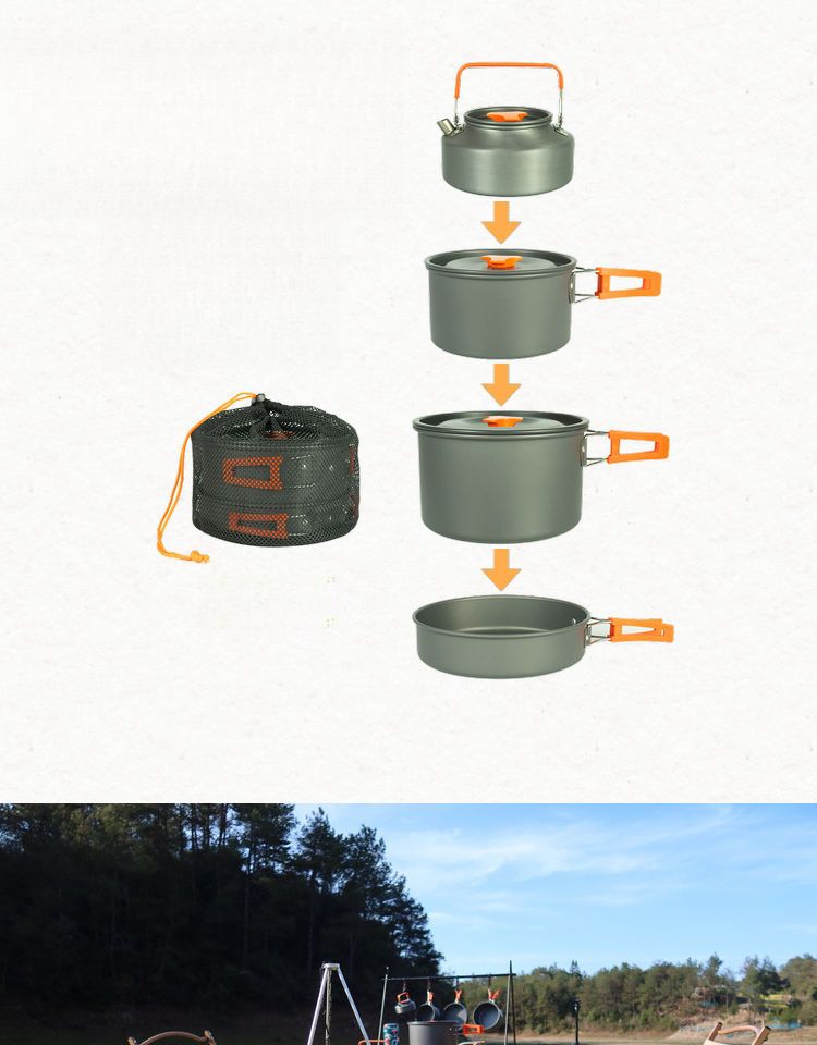 Foldable Outdoor Cooking Set Kettle Frying Pan Soup Pot Fire Starter Storage Bag Adapter Supplies_voghion.com