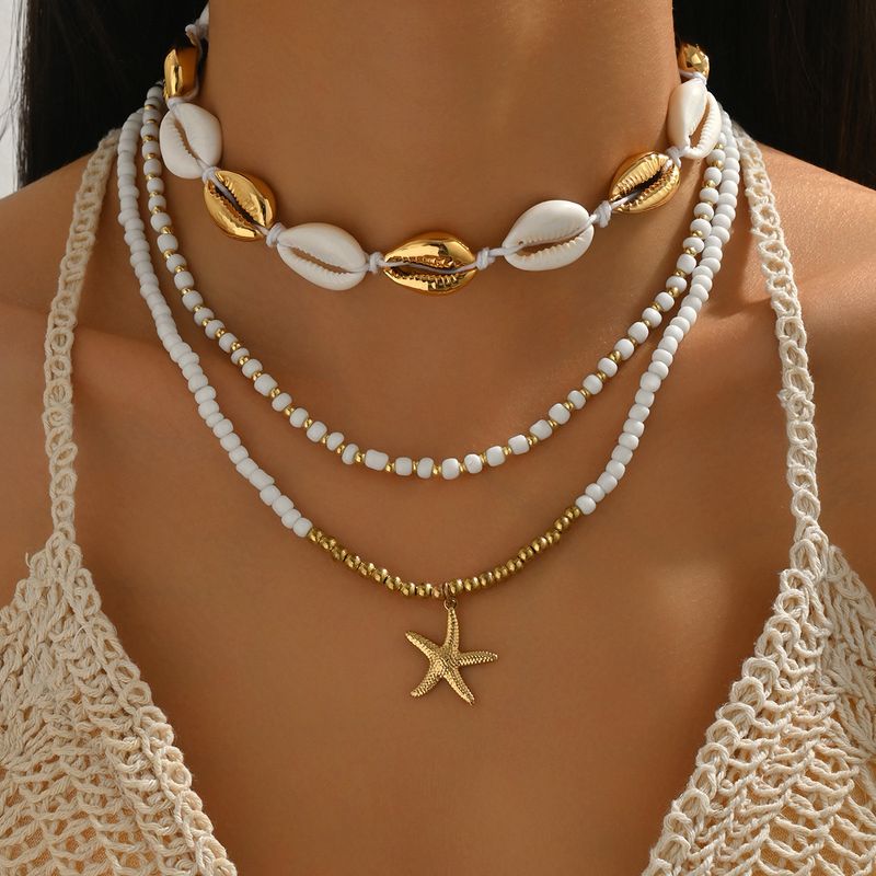 Chain Necklace Pendant Necklace Summer Ocean Beach Style Shell Set Bohemian White Rice Bead Necklace Collarbone Chain_voghion.com