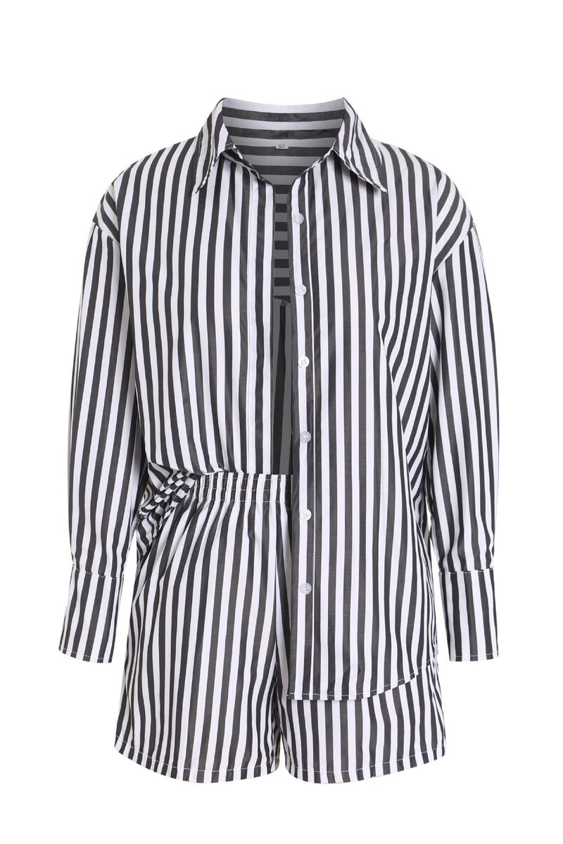 LazyZoom Survêtement décontracté pour femme, haut rayé à manches longues, short taille haute ample, ensemble deux pièces_voghion.com