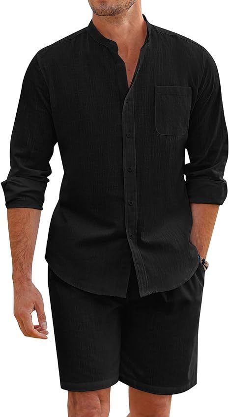 Roupas masculinas de duas peças de algodão e linho, camisa confortável com botões, manga comprida, shorts, cardigan, simples, casual, praia_voghion.com