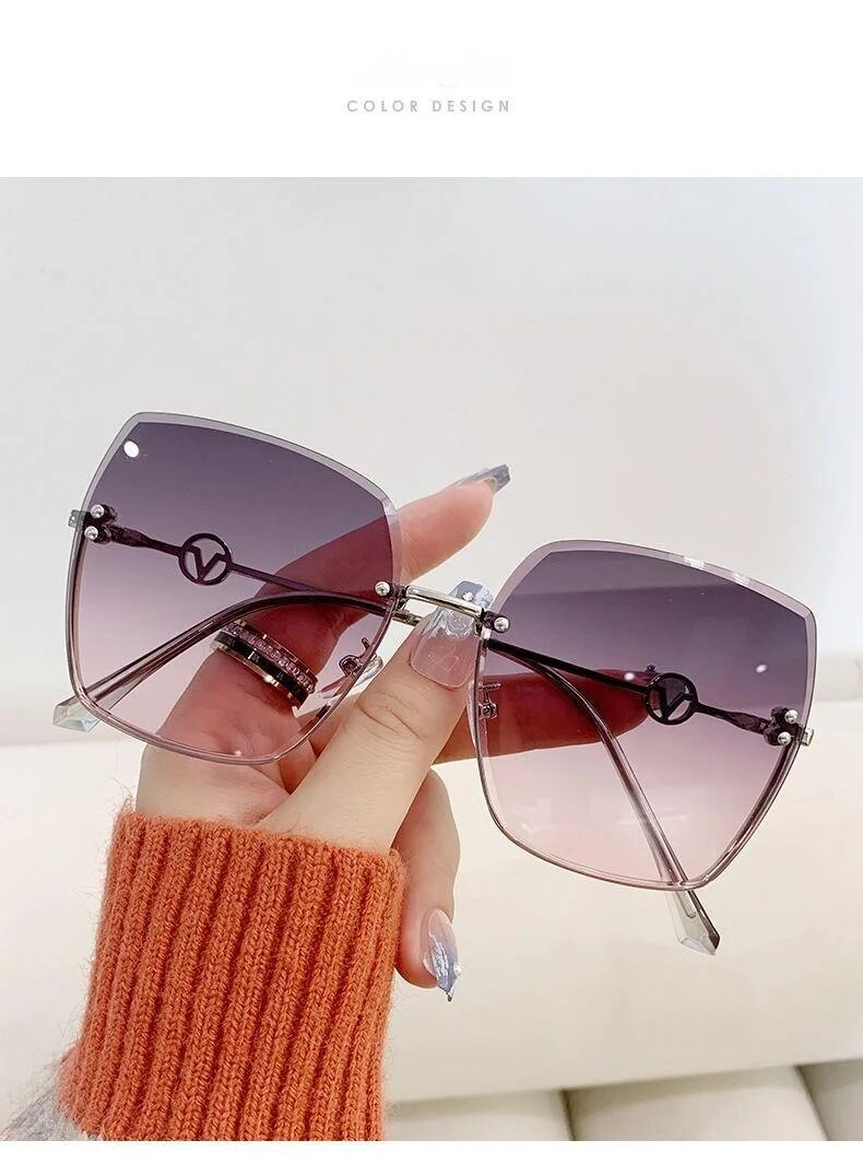 Neie Frameless Cut Edge Women's Fashion Metal Large Frame Gradient Liicht Sonnebrëller fir Fuere Sonnevisiren Ins_voghion.com