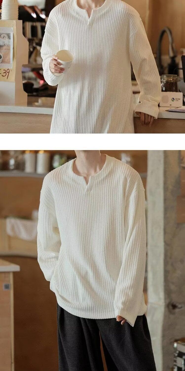 Maglietta a maniche lunghe con scollo a V e trama piccola per uomo, felpa base per primavera e autunno, stile americano alla moda_voghion.com