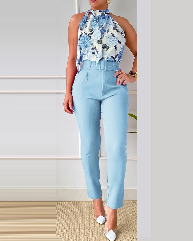Ensemble deux pièces haut sans manches et pantalon imprimé couleur pure à la mode avec ceinture, nouveauté 2025, vêtements pour femmes, ensemble jupe_voghion.com