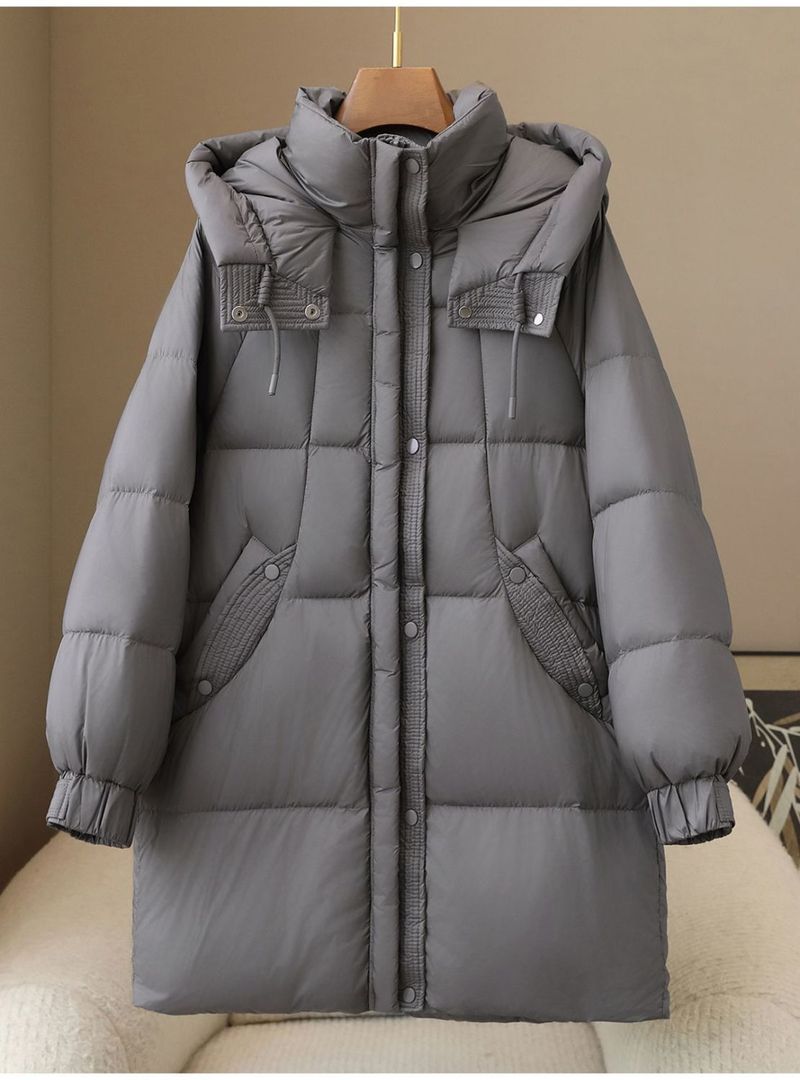 "Women's Fashion Hooded Down Jacket, 90% White Duck Feather Filling, Long Coat For Winter, Loose Fit, Zipper Closure, Multiple Pockets,_voghion.com