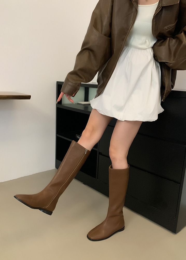 Knee-High Round-Toe Flat Boots Suede Boots_voghion.com