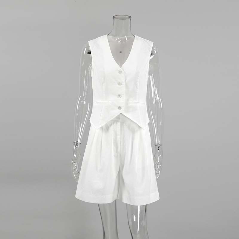 Women's cotton and linen suit vest women's summer casual sleeveless vest shorts two-piece set_voghion.com