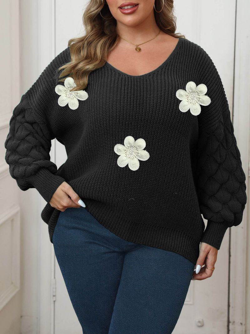 Damenpullover in Übergröße, Ananasärmel, besticktes Blumen-Strickoberteil mit Perlendetails – V-Ausschnitt, lockere Passform, Langarmpullover_voghion.com