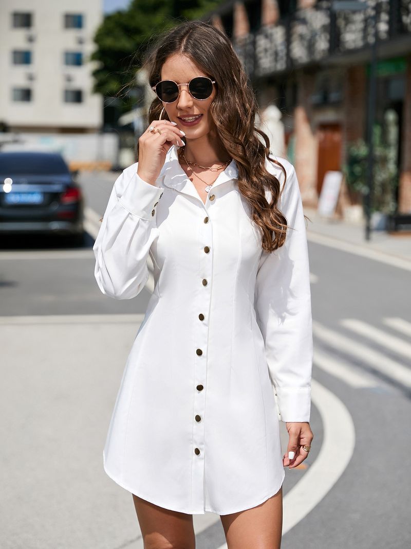 Women's Autumn And Winter Single Row Button Short Skirt Long Sleeved Dress_voghion.com