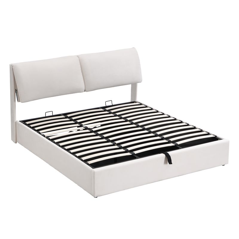 Cadre de lit coffre hydraulique rembourré en velours avec 3 tiroirs, sommier à lattes, beige, 180 x 200 cm, matelas non inclus_voghion.com