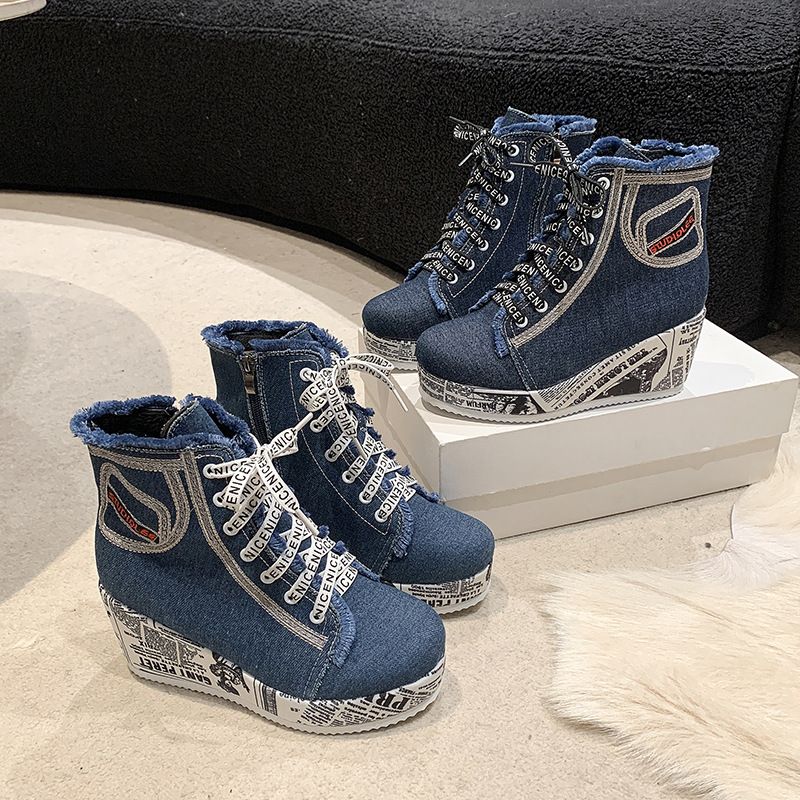 Dámské boty, velké velikosti, klínový podpatek, všestranné vysoké plátěné boty, dámské boty s kulatou špičkou, anglické noviny, šněrování, prodyšné, jednoduché boty_voghion.com