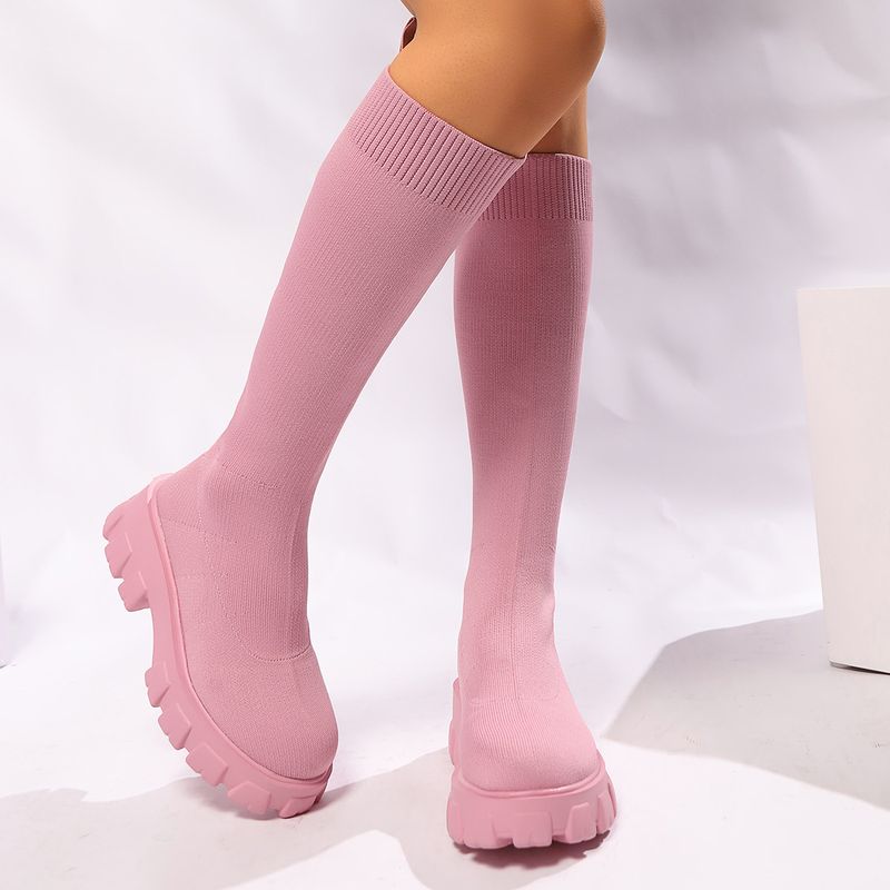 Fly knitting socks boots women's new autumn and winter large size thick soled solid color round head long skinny boots_voghion.com