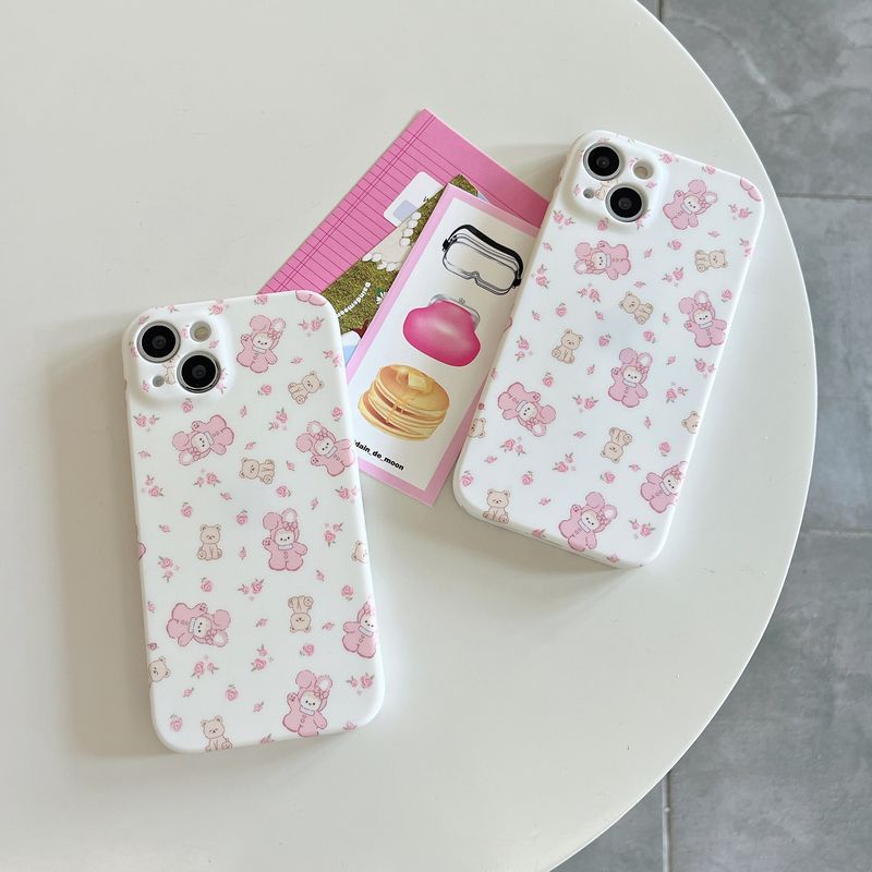 TechGlobe Pink Floral Bear Rabbit Compatible With IPhone 14 Pro Max 15 Phone 13/12 Skin Feel Soft Case_voghion.com