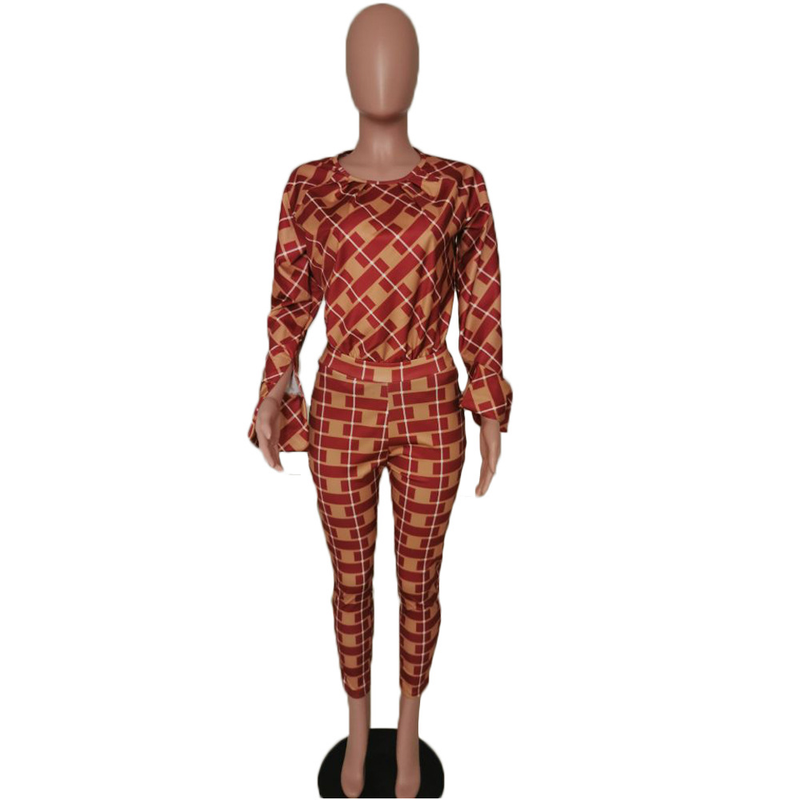 Explosieve losse blouse met lange mouwen en geruite broek, tweedelige set_voghion.com