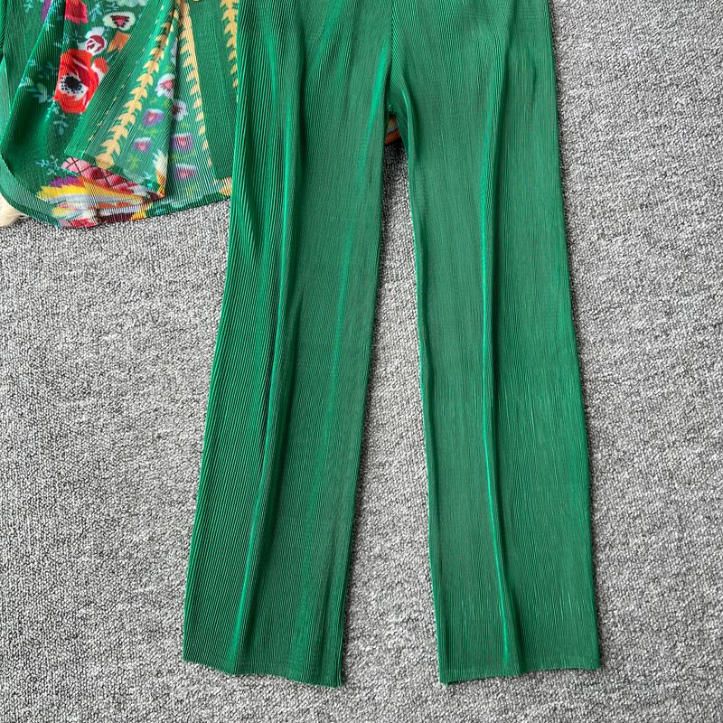 Sieviešu apģērbu kostīms sievietēm, gaišs brieduma stils, vidēja garuma, vienrindu, kroku apdrukas tops + ikdienas bikses ar augstu vidukli_voghion.com