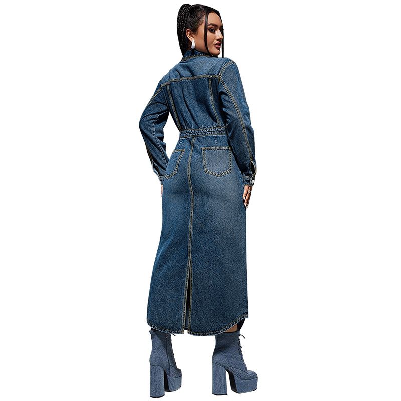 Damenbekleidung Reversknopf Langarm Schlitz Neues langes Denim-Kleid_voghion.com