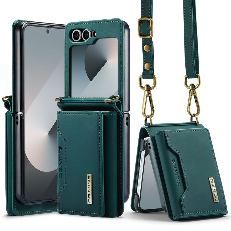 Custodia pieghevole M2 per Samsung Z Flip6 Custodia per telefono con portafoglio per carte Custodia protettiva in pelle con tracolla Z Flip6_voghion.com