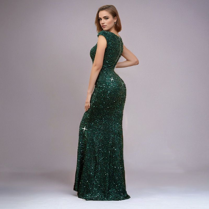 Comércio exterior oriental transfronteiriço INS cor sólida decote em V lantejoulas suspensório cintura alta vestido de noite saia rabo de peixe vestido de saia longa_voghion.com