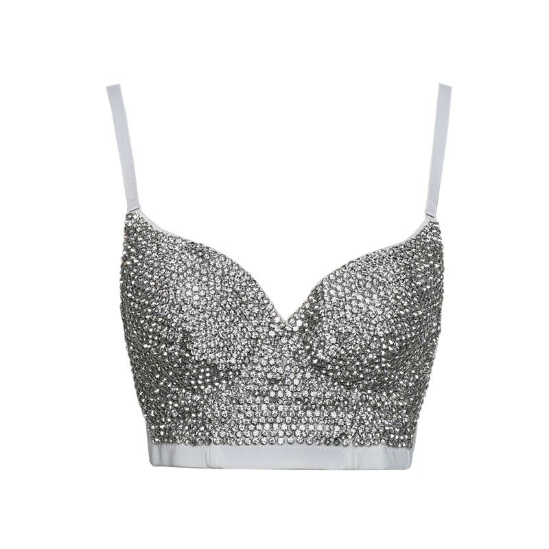 Reggiseno con perline, canotta modellante arricciata, abbigliamento da discoteca, abbigliamento da esterno, reggiseno trasparente con diamante e schiena splendida_voghion.com