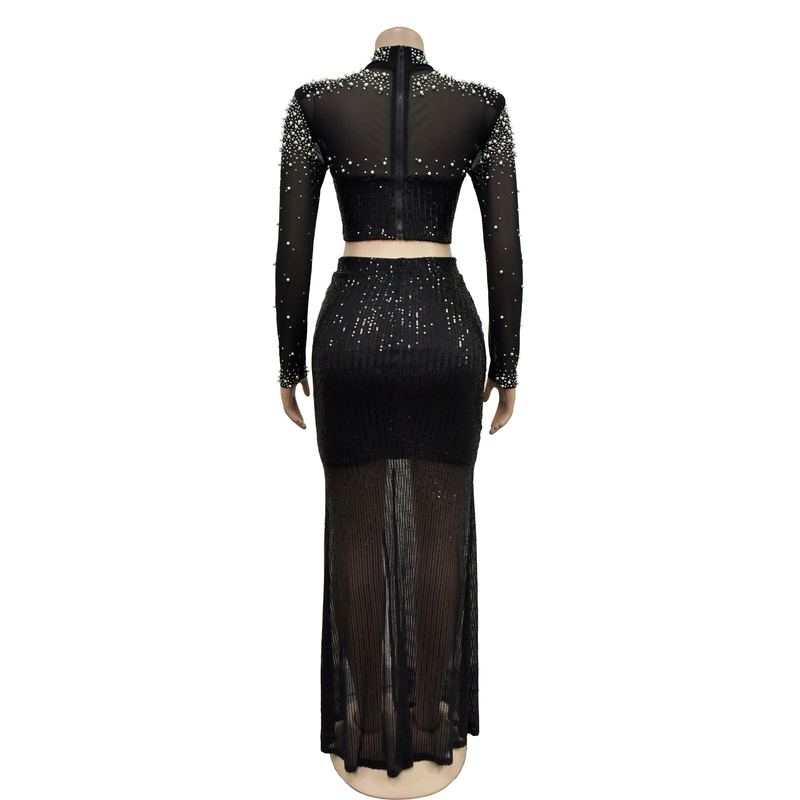 Damenbekleidung, modisches Damen-Zweiteiler-Set mit Rundhalsausschnitt, Mesh-Pailletten, langen Ärmeln und langem Rock_voghion.com