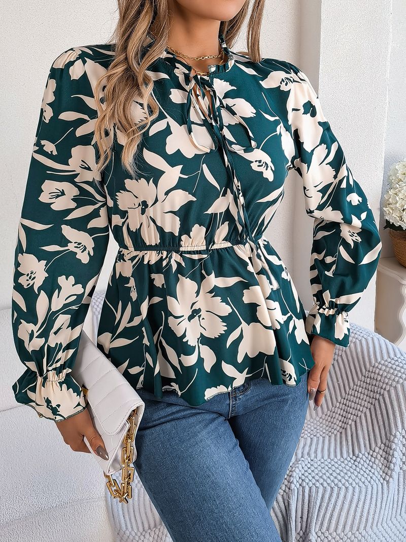 2025 herbst Winter Neue Casual Floral Lace-Up Langarm Chiffon Bluse frauen Mode_voghion.com