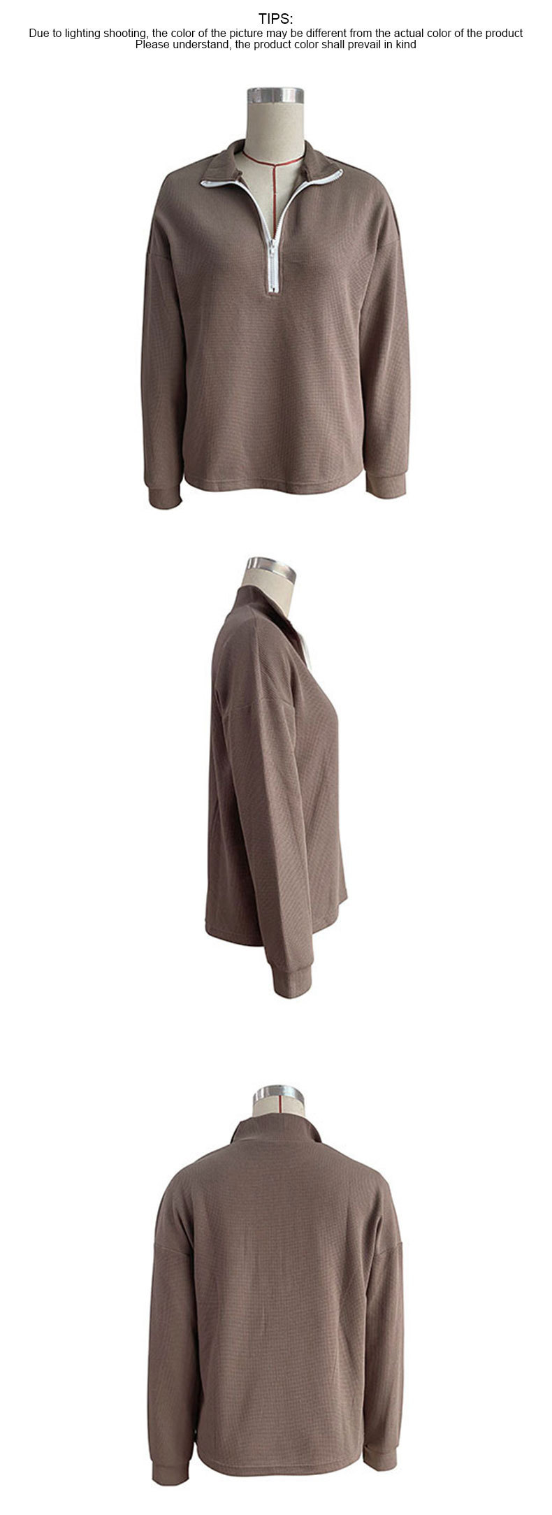 Maglione casual da donna con risvolto a maniche lunghe con cerniera superiore_voghion.com