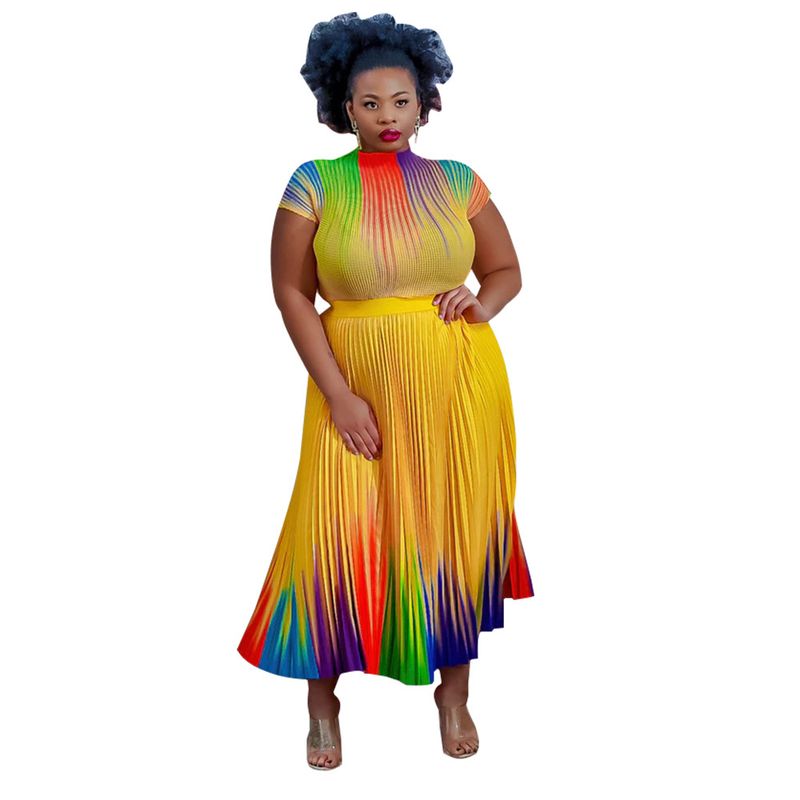 Ženska obleka z okroglim izrezom in kratkimi rokavi, potiskanim nagubanim krilom_voghion.com