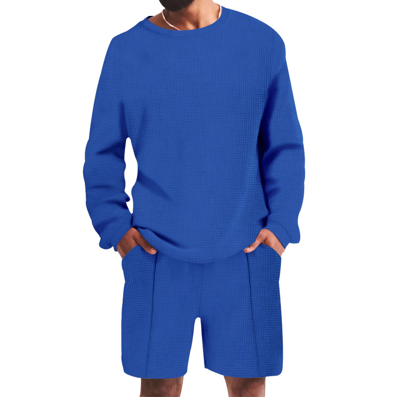 Waffle T-shirt Summer Men's Casual Sports Long Sleeve Shorts Two Piece Set for Men_voghion.com