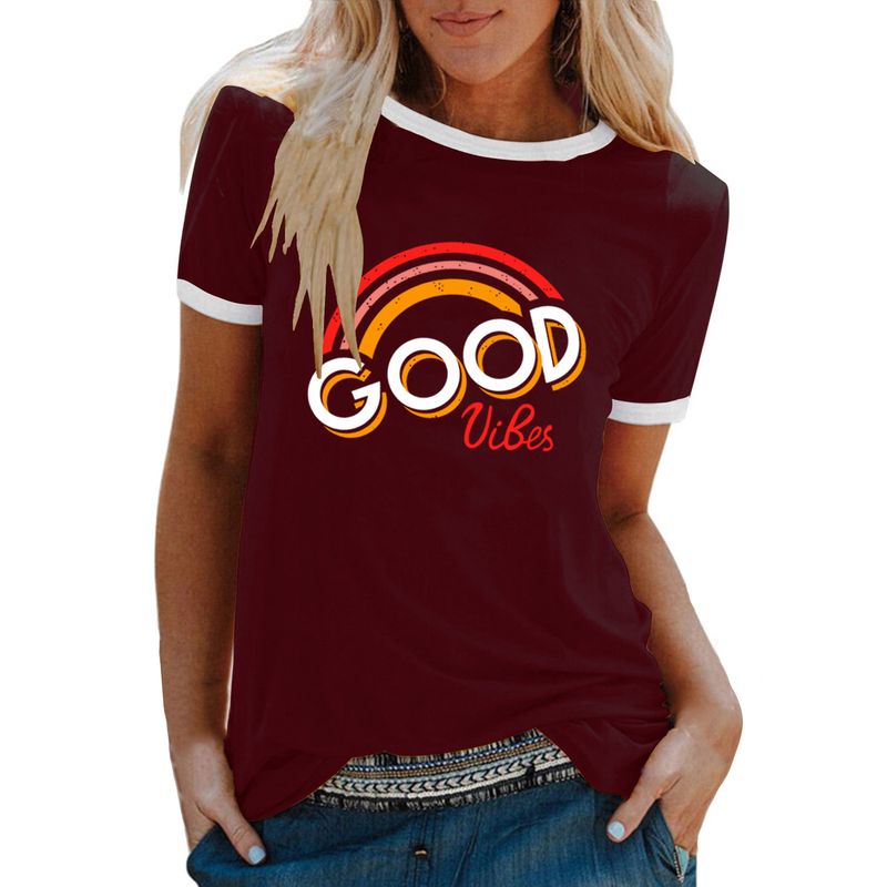Cross Border Foreign Trade Women's Tops GOOD VIBES Rainbow Print Round Neck Short Sleeved T Shirt_voghion.com