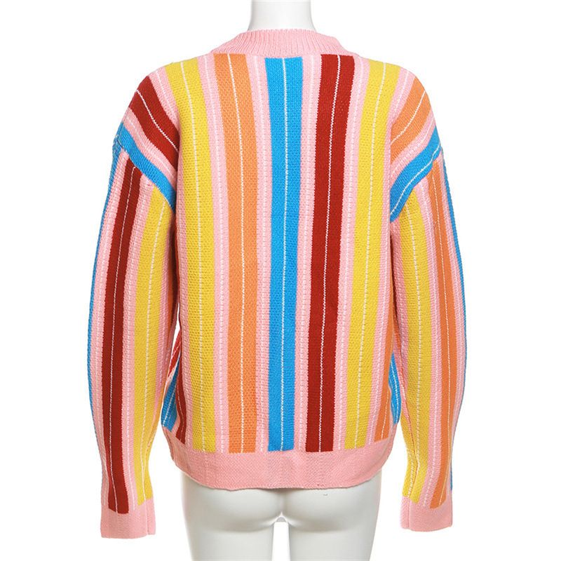 Cardigan casual largo a maniche lunghe in maglia a righe color-block da donna, autunno 2024_voghion.com