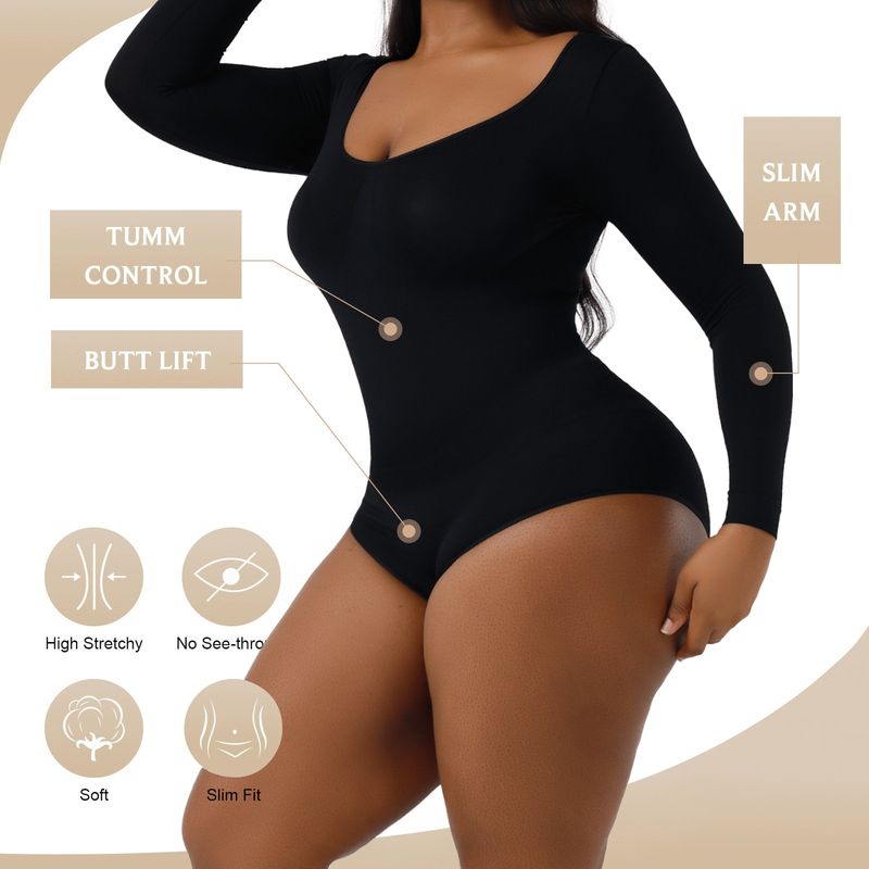 Body moldeador sin costuras para mujer: control de abdomen, realce de glúteos y adelgazamiento corporal completo con mangas largas, apto para tallas grandes._voghion.com