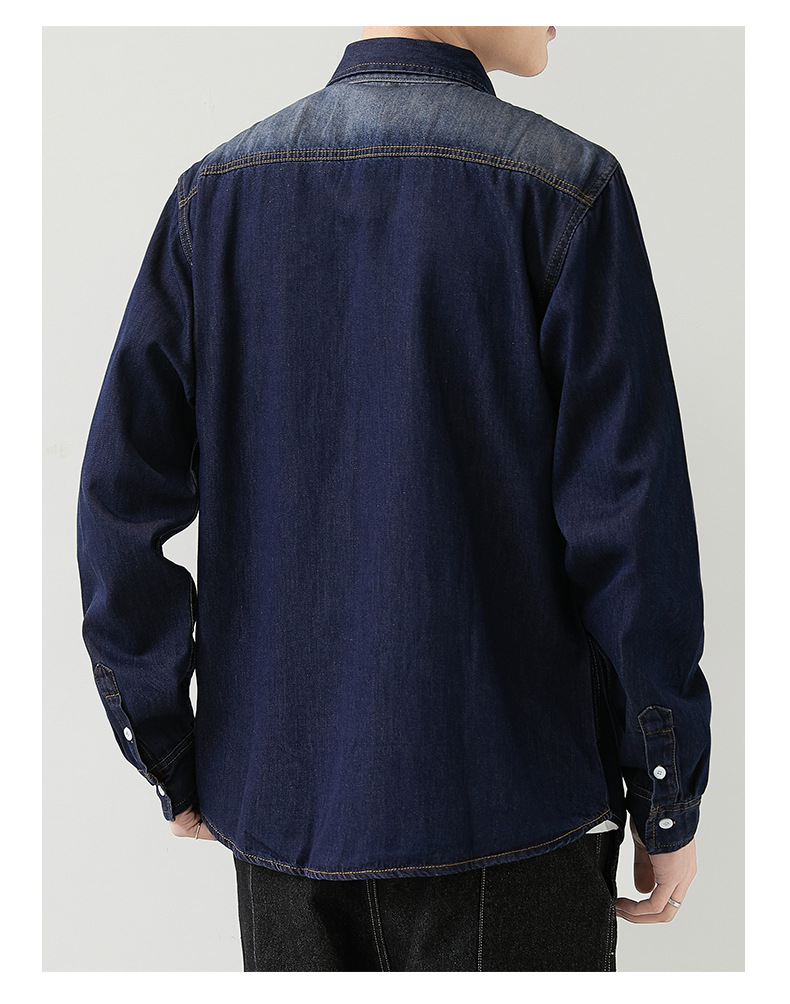 Herrenbekleidung Schlankes, lässiges Langarmhemd Retro Einfaches Langarm-Jeanshemd_voghion.com