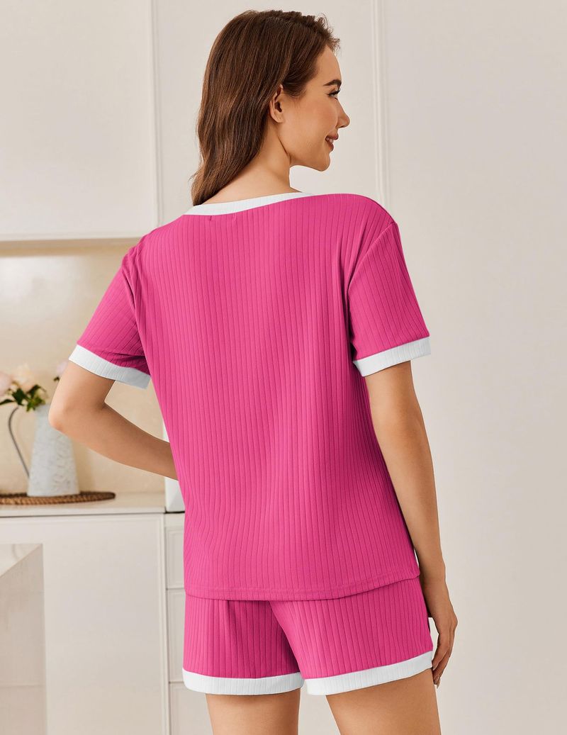 Kadın Giyim Yaz Yeni Düz Renk Çukur Çizgili Renk Uyumlu Pijama Kısa Kollu Ev Giyim Takımı_voghion.com