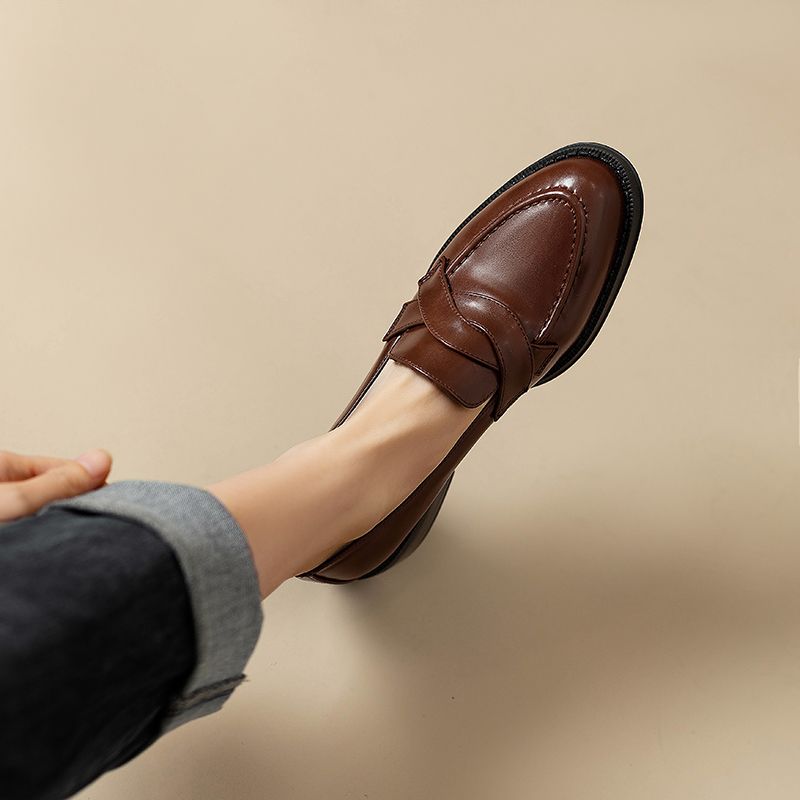 Slipper im Retro-Stil im britischen Stil für Damen, Preppy Commuter, vielseitig einsetzbar, kleines echtes Leder, runde Zehenpartie, klobiger Absatz_voghion.com