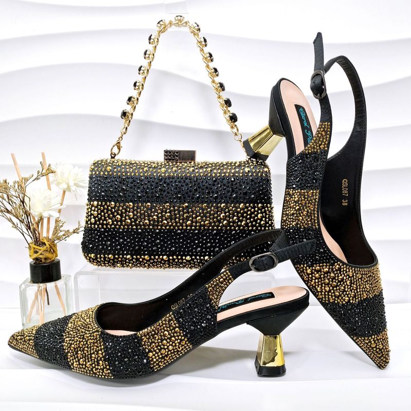 Elegant women's shoes and bag set Pointed striped high heels Suitable for banquets and daily life Exquisite and simple_voghion.com