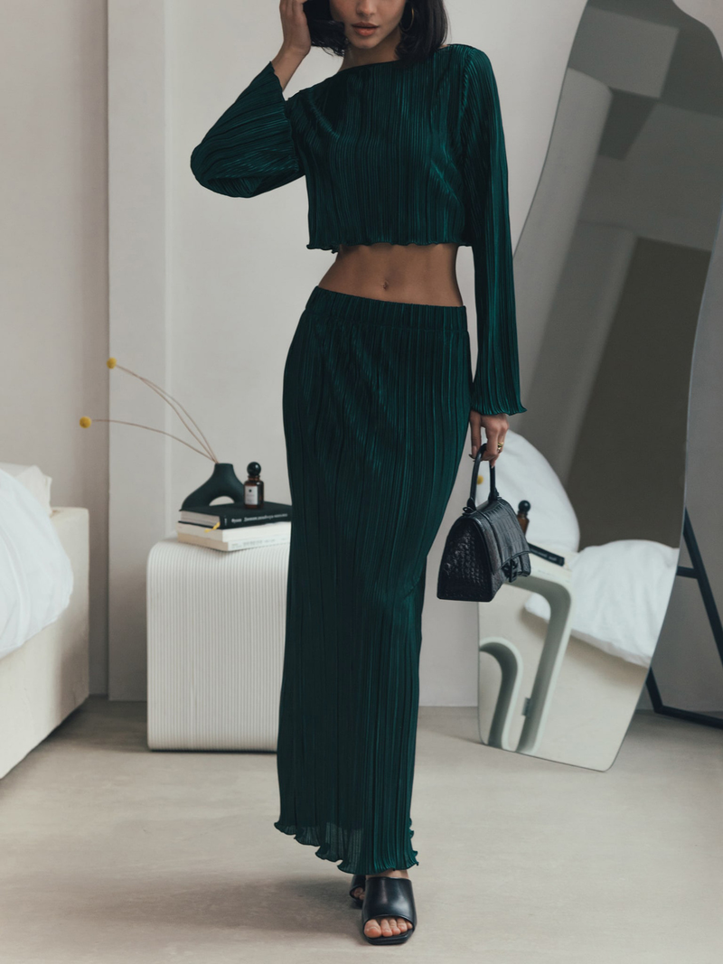 Pleated Women's Suit Bell Sleeve Cropped Top Midi Skirt Suit_voghion.com