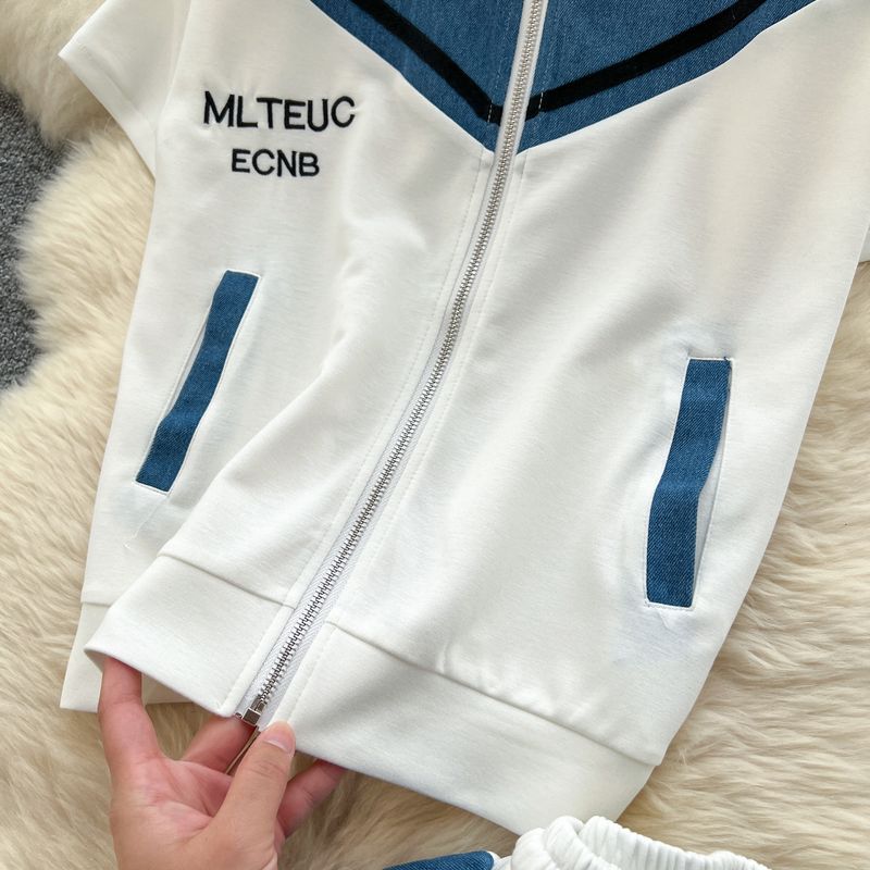 Kadın Giyim Moda Takım Elbise Kadınlar İçin Yaz Aylarında Kot Dikişli Kısa Kollu Fermuarlı Üst + Yüksek Bel Rahat Geniş Paça Pantolon_voghion.com