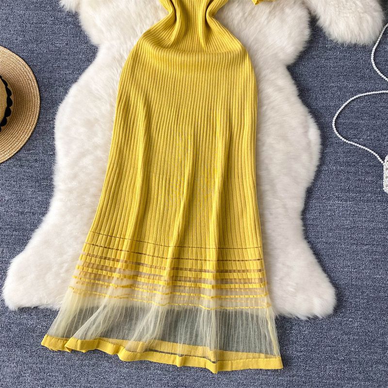Leichtes Luxus-High-End-Strickkleid im Damenbekleidungsstil für Damen im Sommer, Mesh-Spleißdesign, Nischen-Promi-Temperament, langes Kleid_voghion.com
