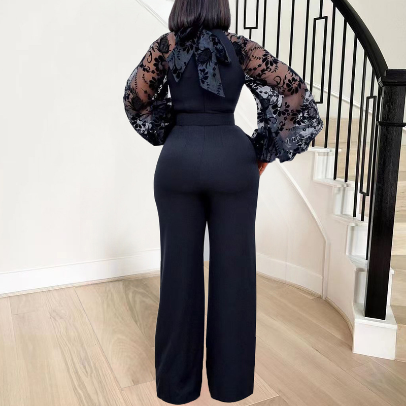 Women's Clothing Free Belt Stand Collar Mesh Lantern Sleeves Slim Large Size Women's African Wide Leg Jumpsuits_voghion.com