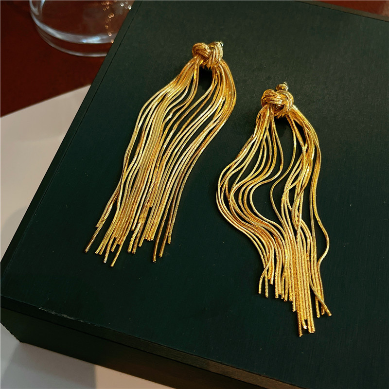 Heavy metal snake bone chain knot tassel earrings advanced sense of runway magazine style personality_voghion.com