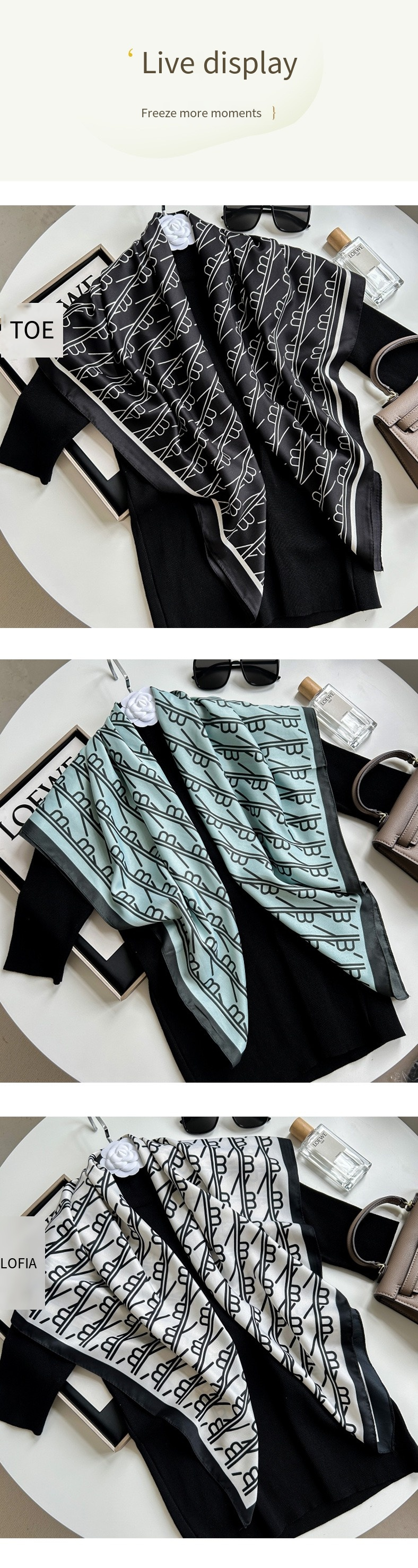 Simple black and white letter printing imitation silk feel twill silk outside with a high sense of women's silk scarf_voghion.com