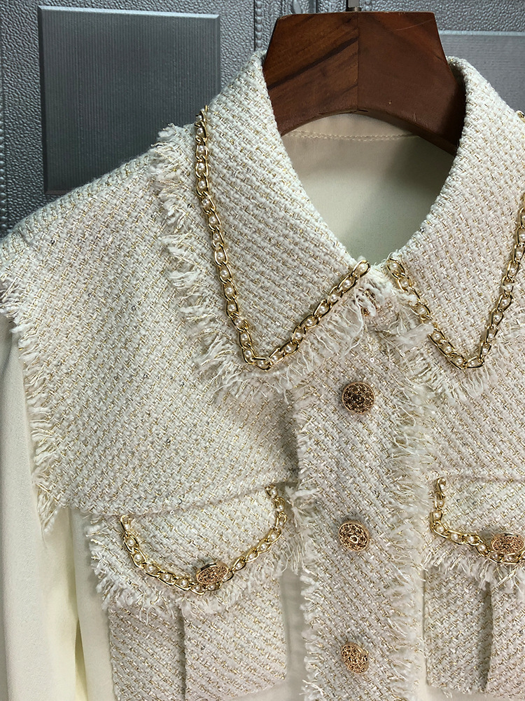 Camisa feminina com corrente dourada trançada tweed jaqueta top de emenda para mulheres_voghion.com
