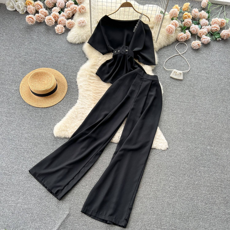 Sorella da donna in stile maturo e leggero, set estivo nuovo stile top monospalla versatile pantalone a gamba larga completo a due pezzi_voghion.com