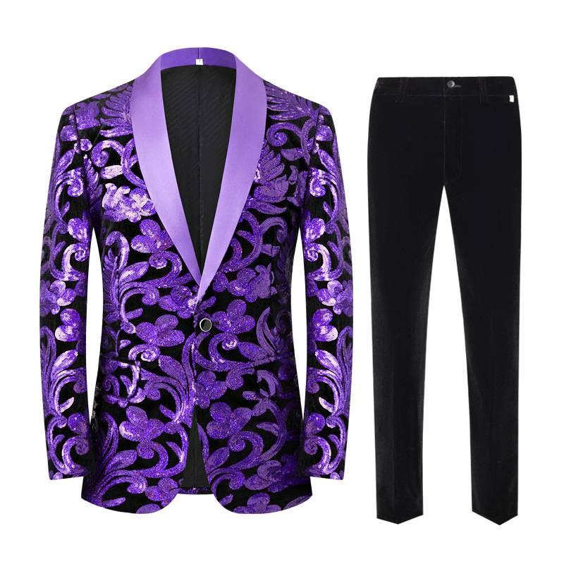 Abito da uomo con motivo a nuvole, paillettes, colori abbinati, abito da spettacolo sul palco, colletto verde con frutta_voghion.com