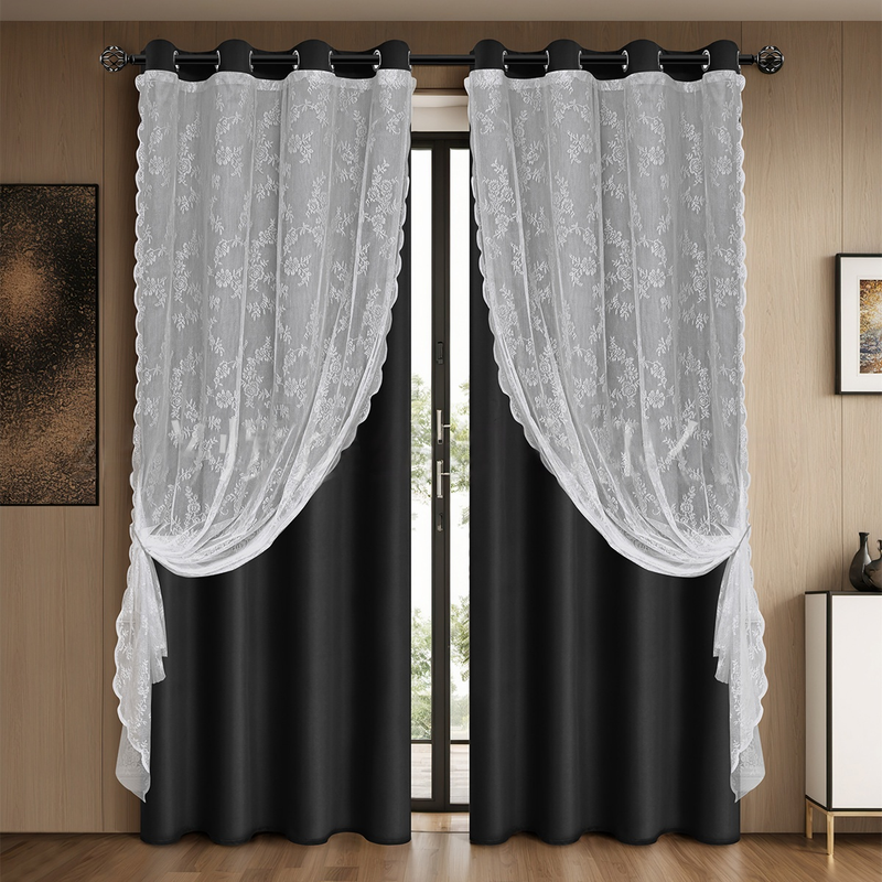 Cortinas blackout de renda dupla - Cortinas de janela perfuradas de cor sólida com proteção total de privacidade (divisórias de ambiente elegantes)_voghion.com