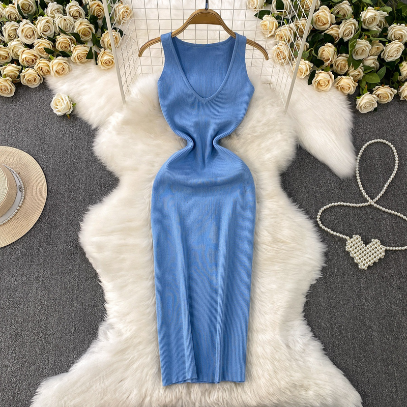 Robe tricotée sexy sans manches à col en V profond pour femme, nouvelle jupe longue d'été à taille élastique et hanches fines_voghion.com