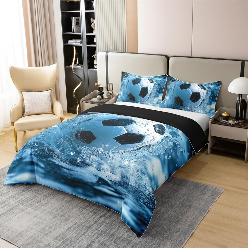 Fußball-Bettbezug, Doppelbett-Bettwäscheset für Kinder, Jungen und Männer, Tor, Gaming, Wasserspritzer, Schwarz, Blau, Weiß, Bettbezug, weiche, bequeme Bettwäsche_voghion.com