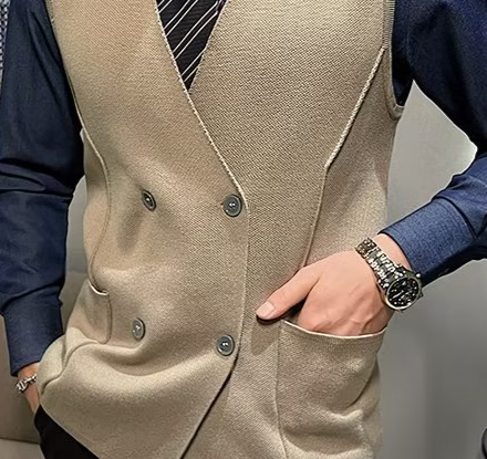 Herren-Slim-Fit-Wollweste – Zweireihig & V-Ausschnitt (ärmellose Strickweste mit Streifenmuster zum Überziehen)_voghion.com