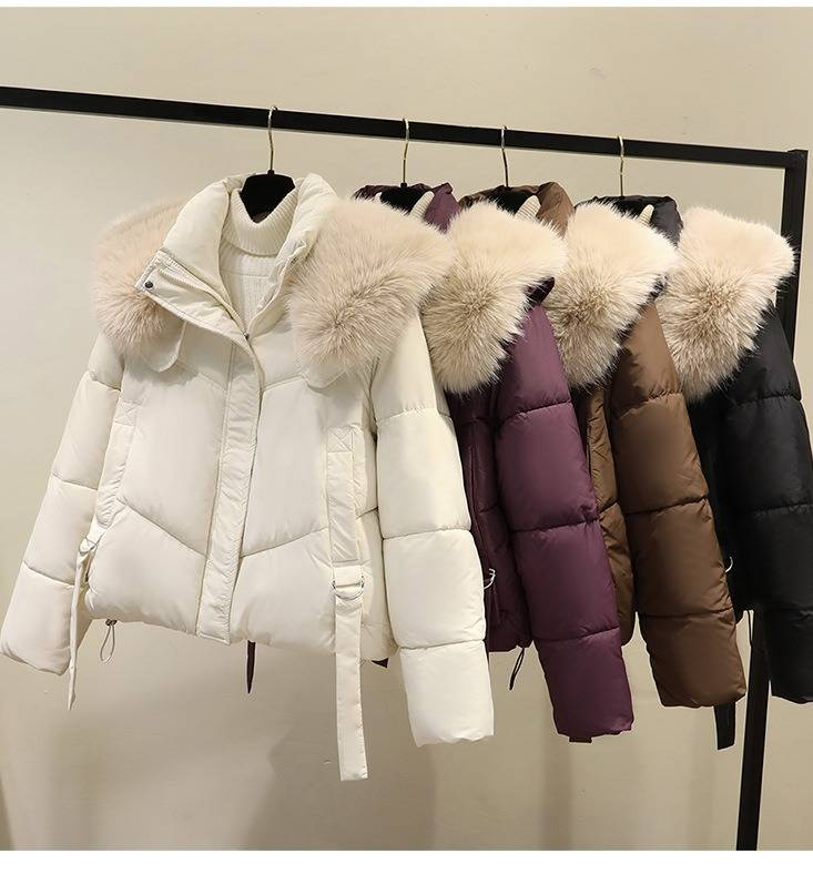 Dames winter korte pufferjas met oversized imitatiebontkraag - Gezellige gewatteerde donsalternatieve jas voor casual en kantoorkleding_voghion.com