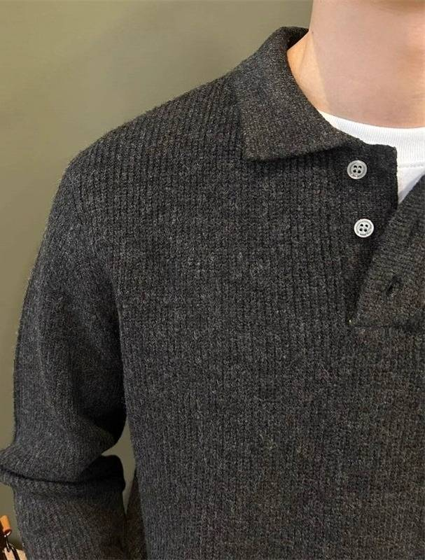 Maglione in maglia polo minimalista - Pullover a maniche lunghe in cotone spazzolato di lusso da uomo (grigio chiaro/grigio scuro) - Abbigliamento casual dalla vestibilità comoda per primavera e autunno_voghion.com