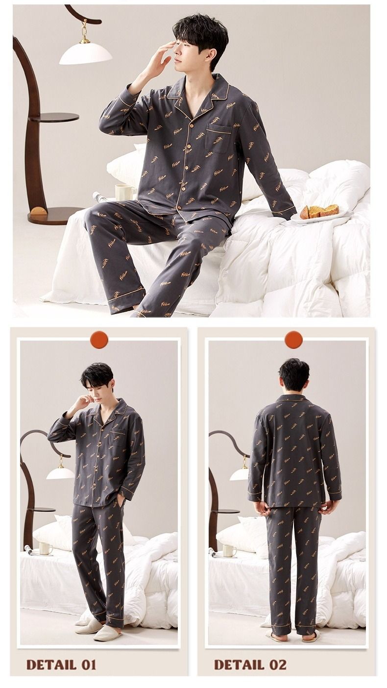 2025 Autumn/winter Thin Men's Loose Fit Plus Size Home Suit Set, Pure Cotton Long Sleeved Pants Pajama Set_voghion.com